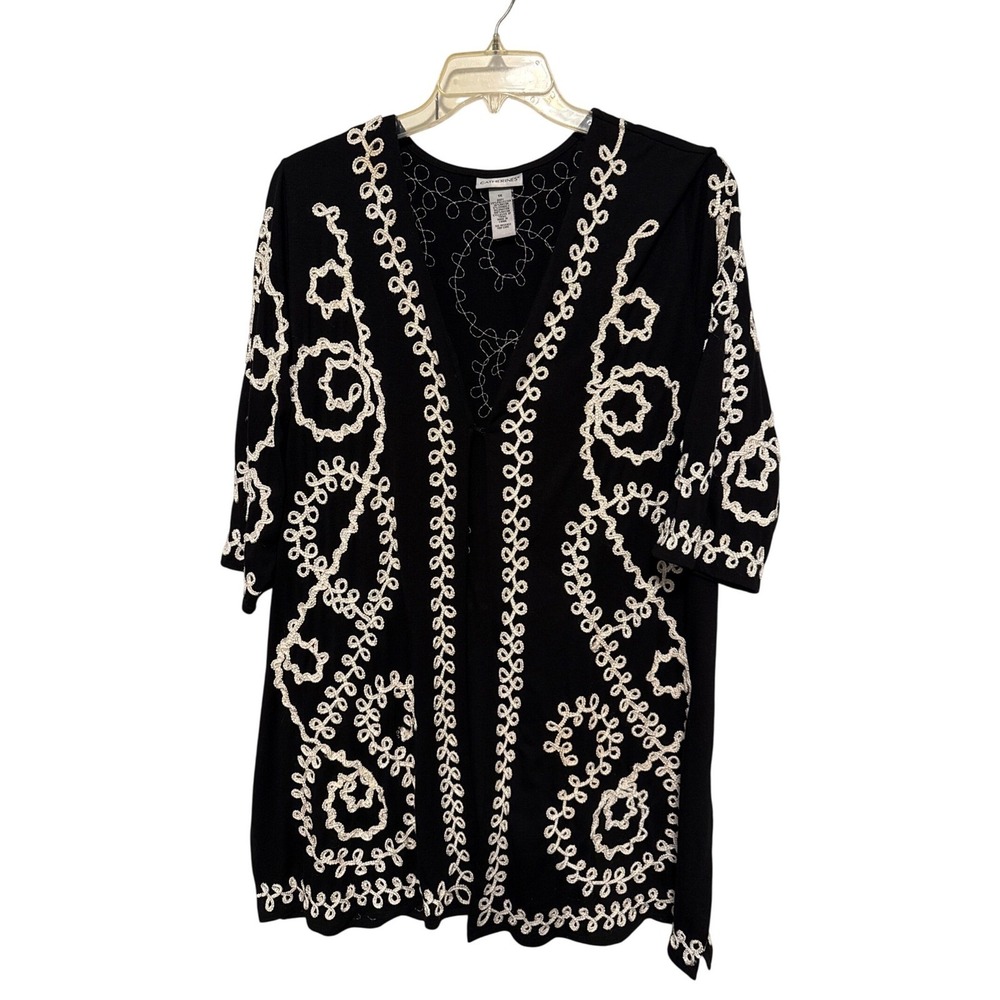 Catherines Black Embroidered Open Front 3/4 Sleeve Duster Cardigan 1X Slits